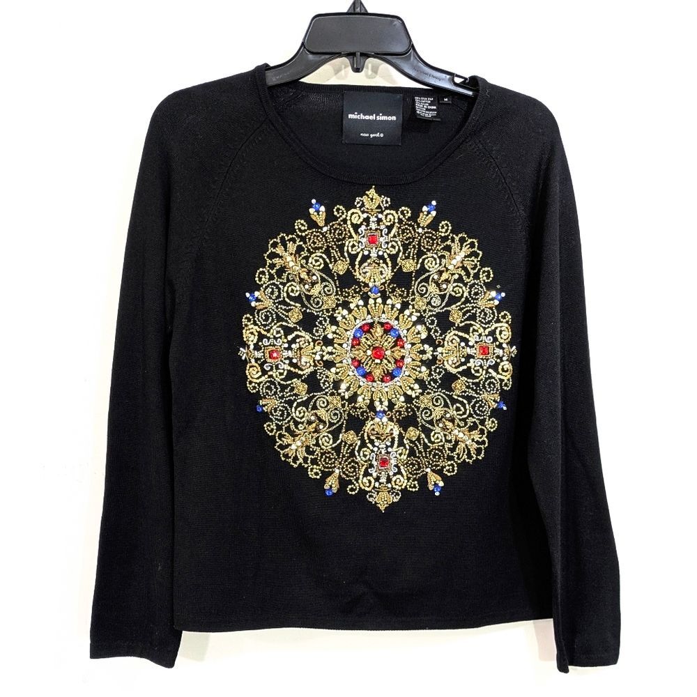 Michael Simon Black Woven Silk Beaded Sweater Blouse - Size Medium Womens